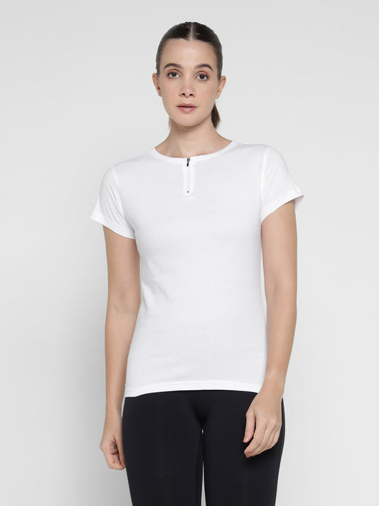 Ap'pulse Women's Short Sleeve Round Neck Zipper Tshirt