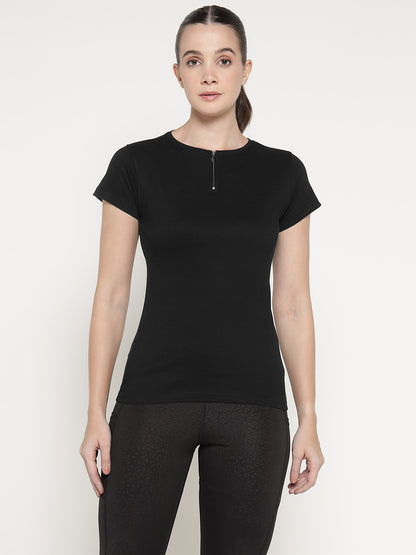 Appulse Women's Short Sleeve Round Neck Zipper T-Shirt | Women | Premium Cotton | Activewear | Athleisure