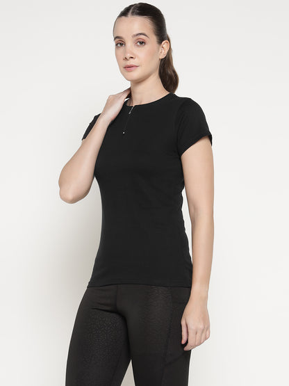 Appulse Women's Short Sleeve Round Neck Zipper T-Shirt | Women | Premium Cotton | Activewear | Athleisure
