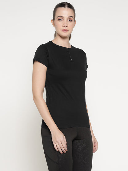 Appulse Women's Short Sleeve Round Neck Zipper T-Shirt | Women | Premium Cotton | Activewear | Athleisure