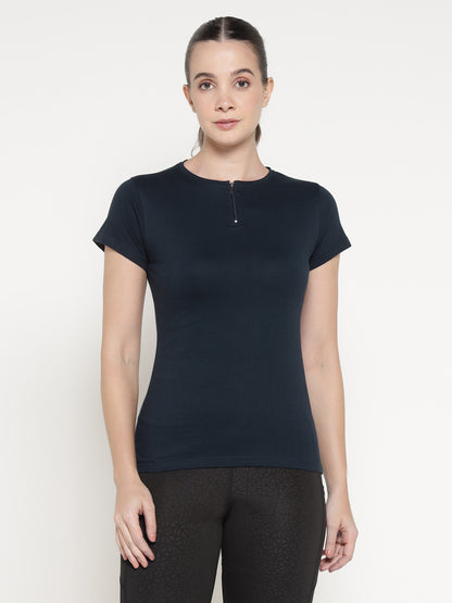 Appulse Women's Short Sleeve Round Neck Zipper T-Shirt | Women | Premium Cotton | Activewear | Athleisure