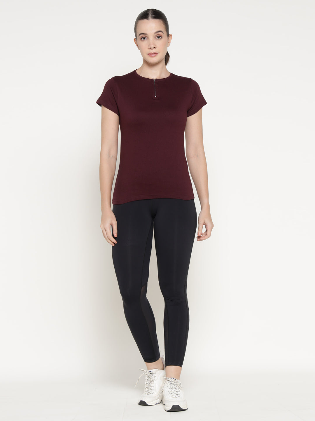 Ap'pulse Women's Short Sleeve Round Neck Zipper Tshirt