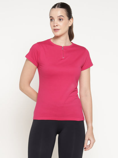 Appulse Women's Short Sleeve Round Neck Zipper T-Shirt | Women | Premium Cotton | Activewear | Athleisure