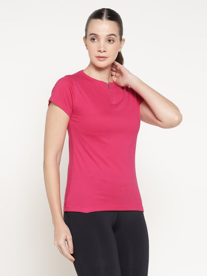 Appulse Women's Short Sleeve Round Neck Zipper T-Shirt | Women | Premium Cotton | Activewear | Athleisure