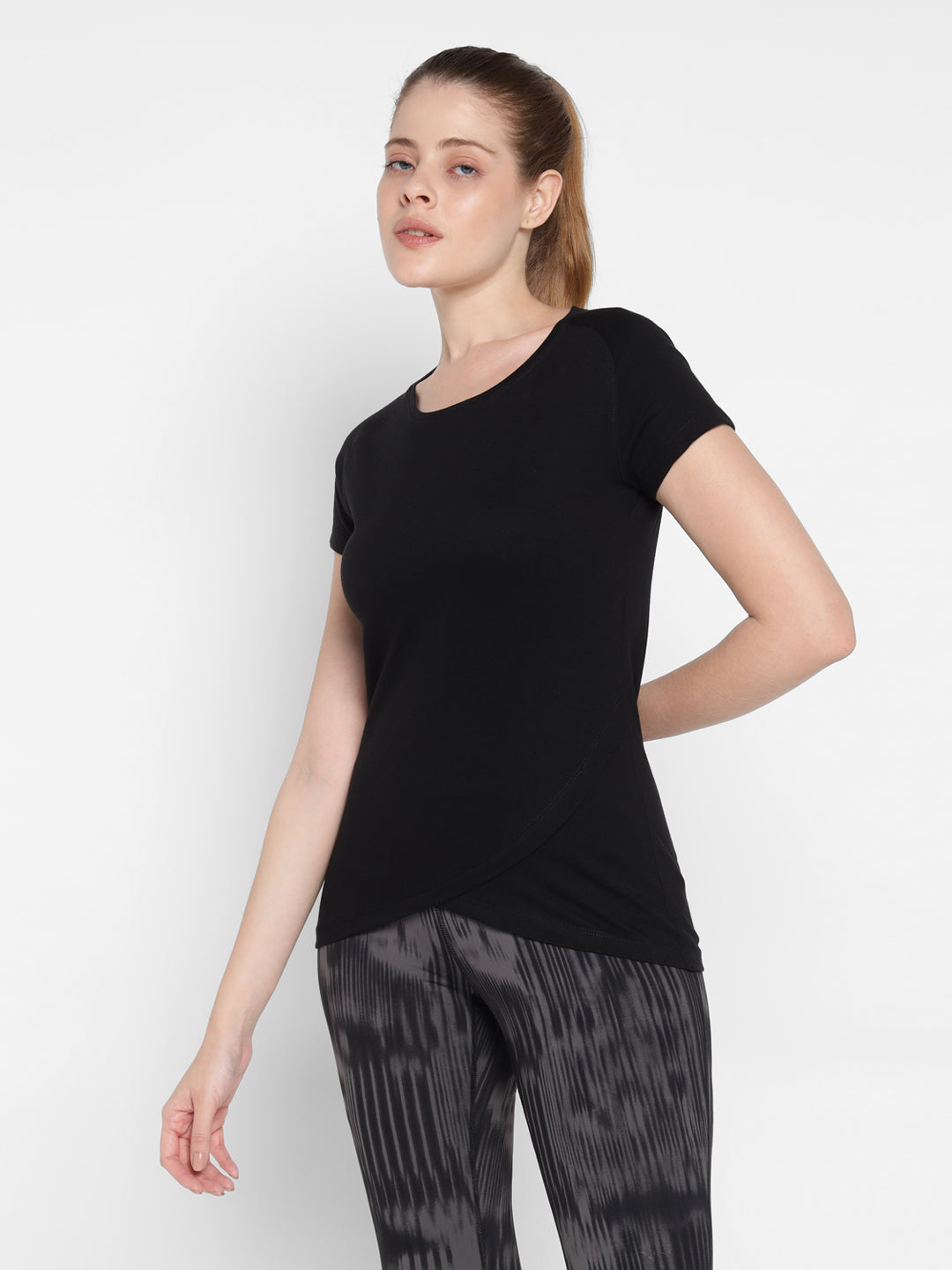 Ap'pulse Women's Short Sleeve Round Neck Bottom Cross Over Tshirt