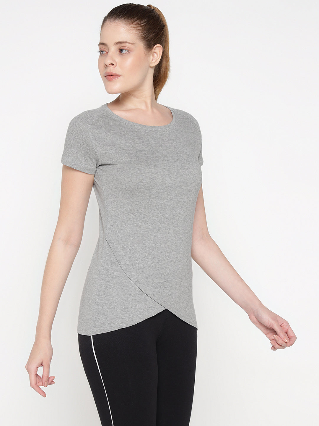 Ap'pulse Women's Short Sleeve Round Neck Bottom Cross Over Tshirt