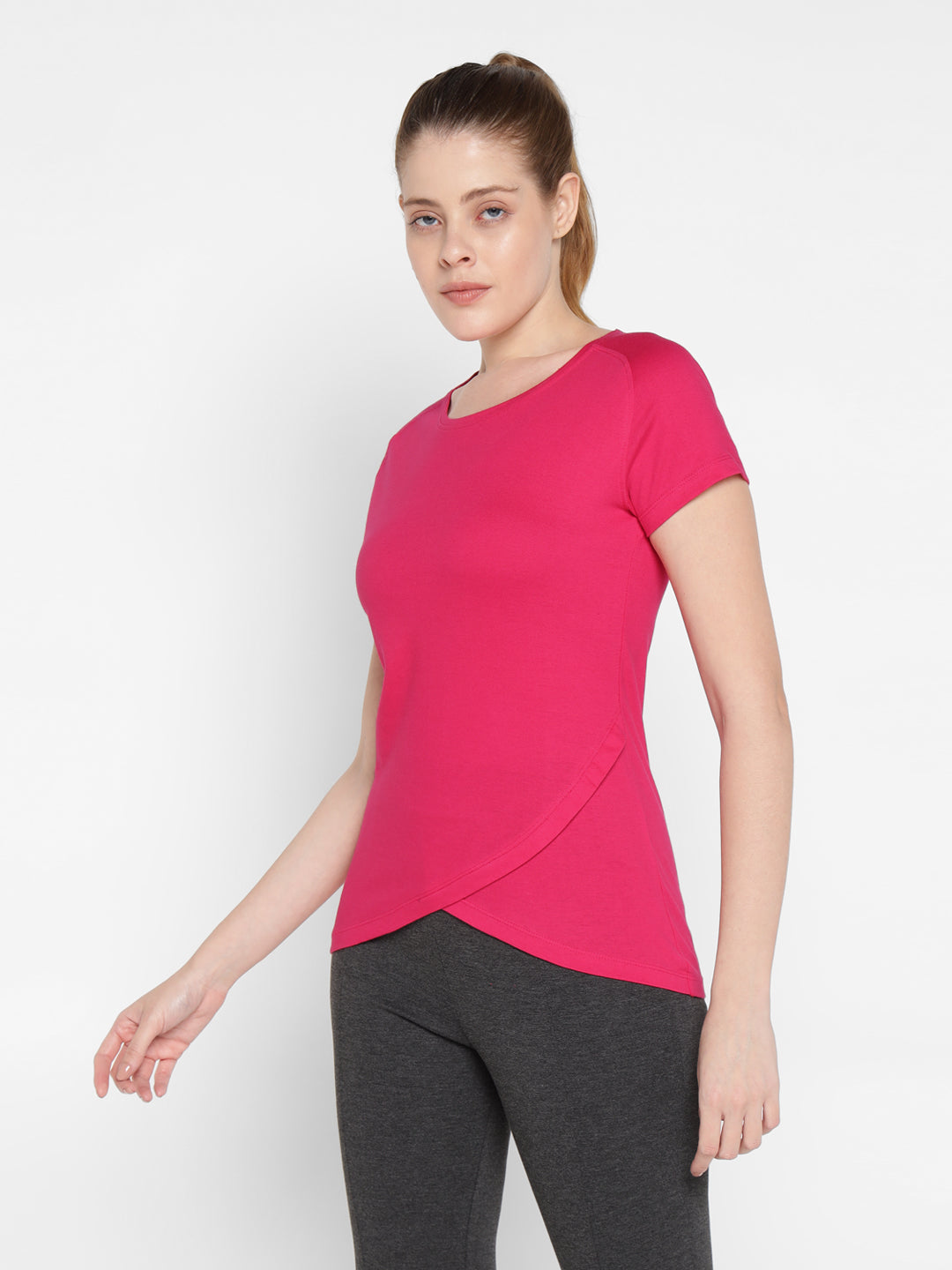 Ap'pulse Women's Short Sleeve Round Neck Bottom Cross Over Tshirt