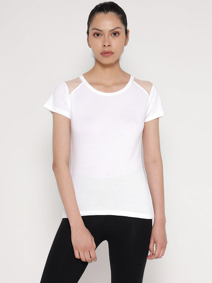 Appulse Women's Short Sleeve Round Neck Shoulder Mesh T-Shirt | Women | Premium Cotton | Activewear | Athleisure