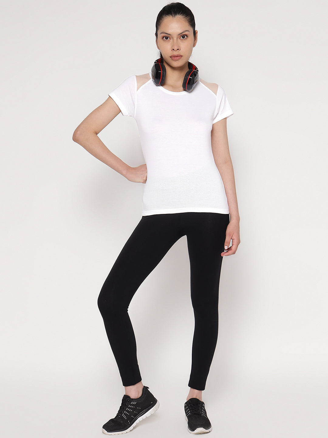 Ap'pulse Women's Short Sleeve Round Neck Shoulder Mesh Tshirt