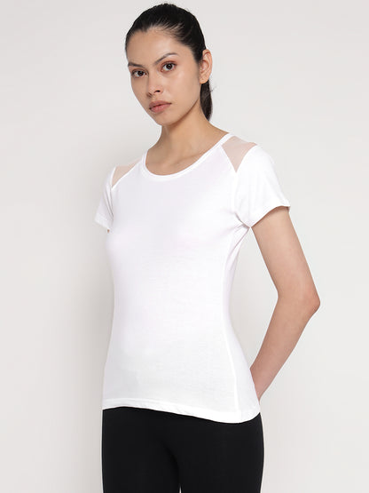 Appulse Women's Short Sleeve Round Neck Shoulder Mesh T-Shirt | Women | Premium Cotton | Activewear | Athleisure