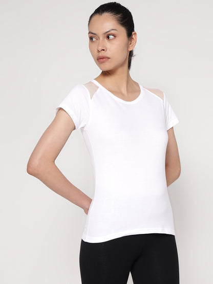Appulse Women's Short Sleeve Round Neck Shoulder Mesh T-Shirt | Women | Premium Cotton | Activewear | Athleisure