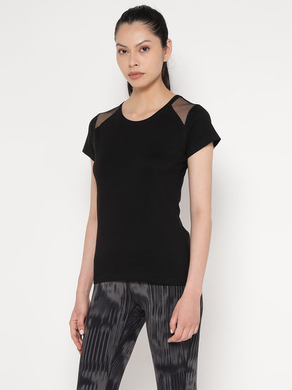 Appulse Women's Short Sleeve Round Neck Shoulder Mesh T-Shirt | Women | Premium Cotton | Activewear | Athleisure