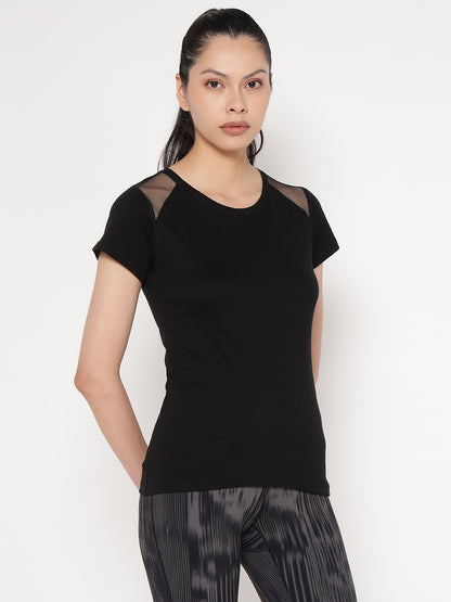 Appulse Women's Short Sleeve Round Neck Shoulder Mesh T-Shirt | Women | Premium Cotton | Activewear | Athleisure
