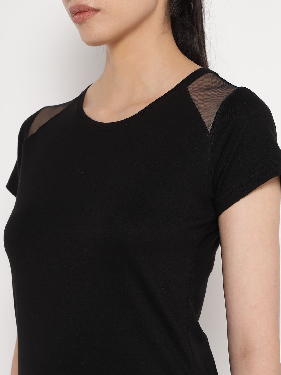 Ap'pulse Women's Short Sleeve Round Neck Shoulder Mesh Tshirt