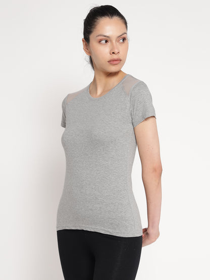 Appulse Women's Short Sleeve Round Neck Shoulder Mesh T-Shirt | Women | Premium Cotton | Activewear | Athleisure