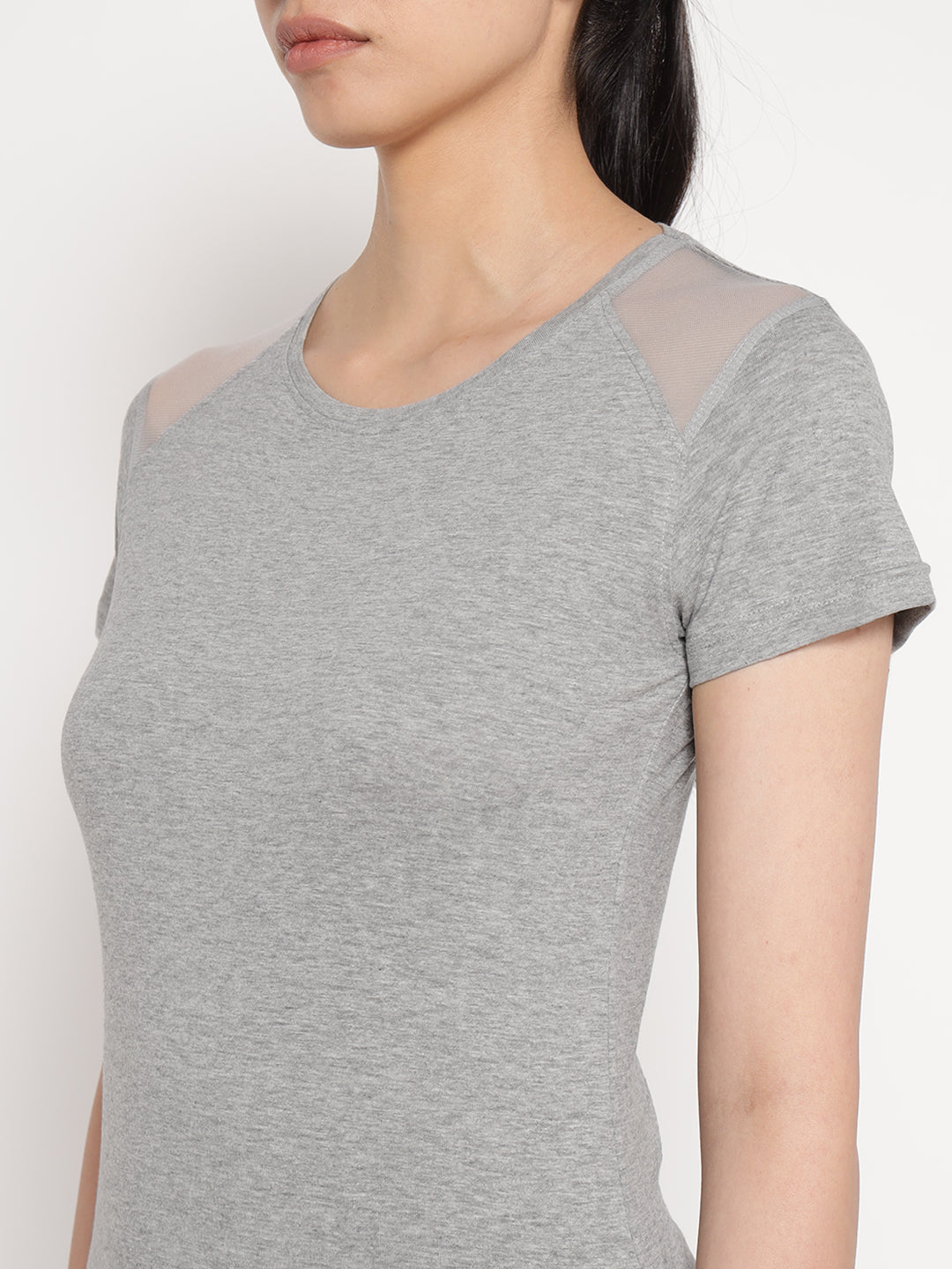 Ap'pulse Women's Short Sleeve Round Neck Shoulder Mesh Tshirt