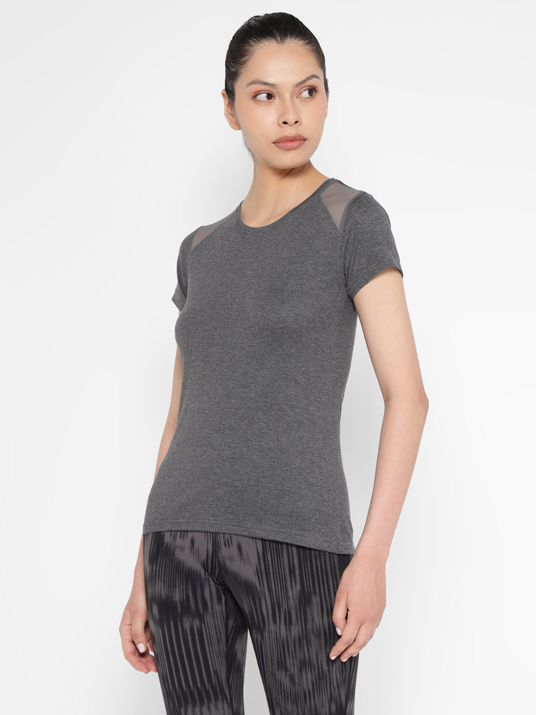 Ap'pulse Women's Short Sleeve Round Neck Shoulder Mesh Tshirt