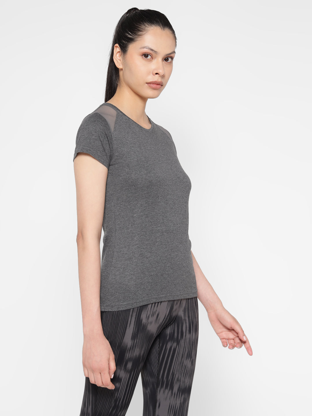 Ap'pulse Women's Short Sleeve Round Neck Shoulder Mesh Tshirt