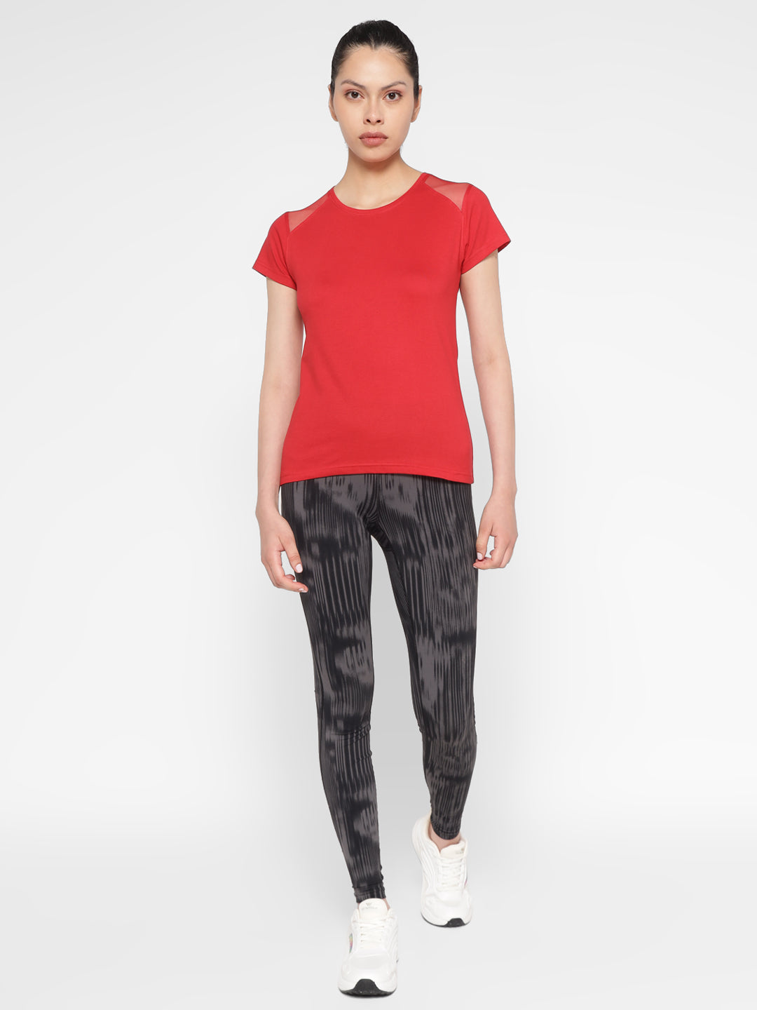 Ap'pulse Women's Short Sleeve Round Neck Shoulder Mesh Tshirt