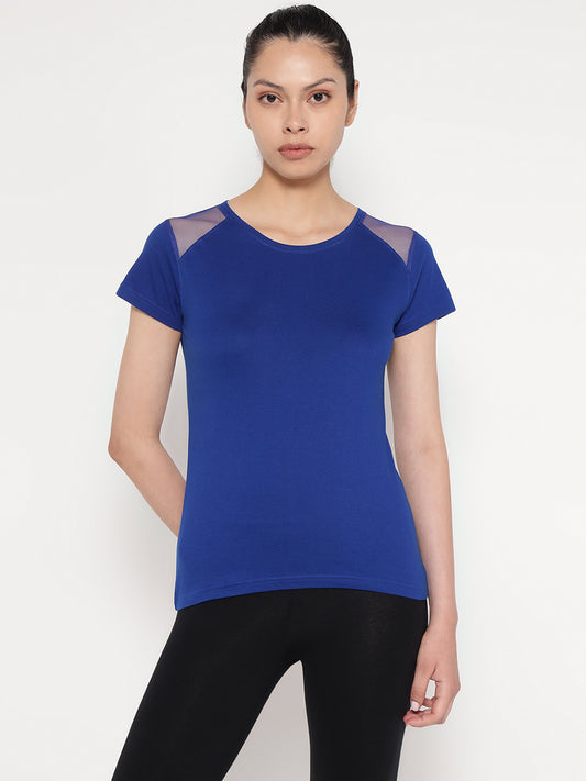 Ap'pulse Women's Short Sleeve Round Neck Shoulder Mesh Tshirt