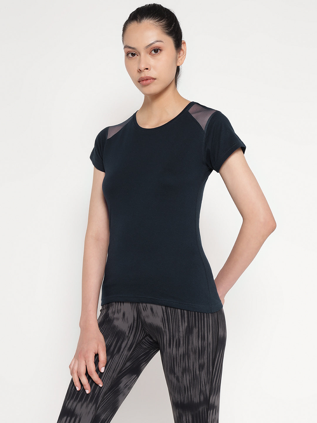 Ap'pulse Women's Short Sleeve Round Neck Shoulder Mesh Tshirt