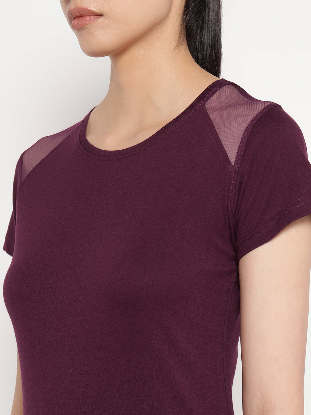 Ap'pulse Women's Short Sleeve Round Neck Shoulder Mesh Tshirt