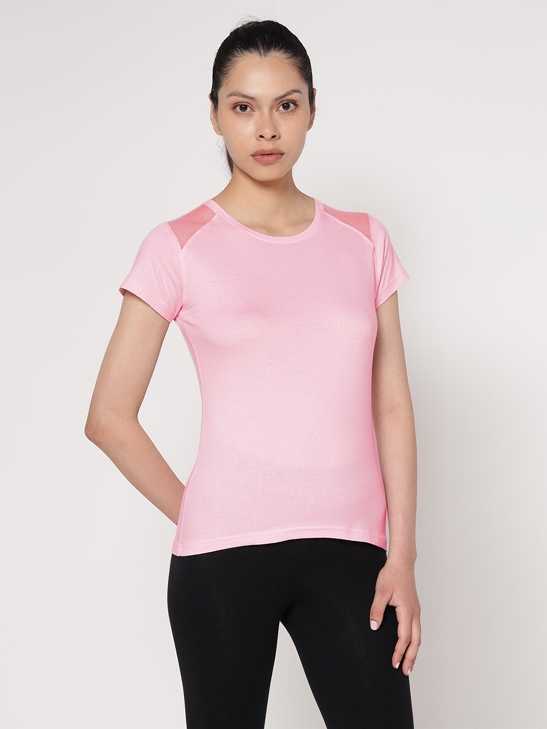 Ap'pulse Women's Short Sleeve Round Neck Shoulder Mesh Tshirt