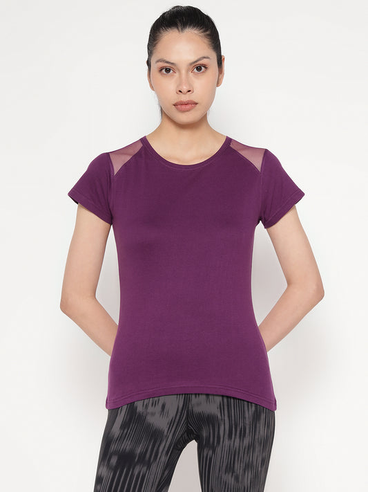 Ap'pulse Women's Short Sleeve Round Neck Shoulder Mesh Tshirt
