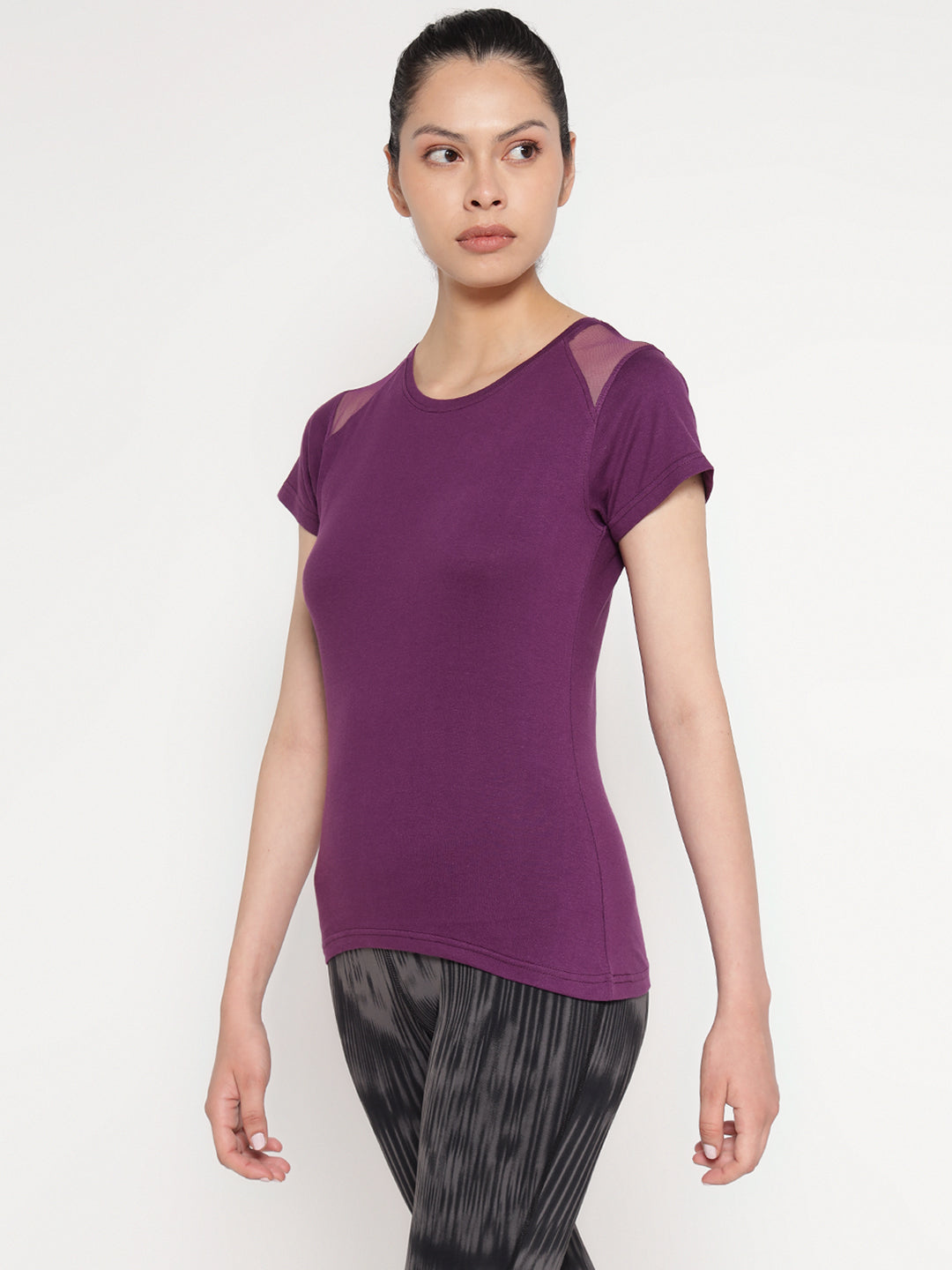 Ap'pulse Women's Short Sleeve Round Neck Shoulder Mesh Tshirt