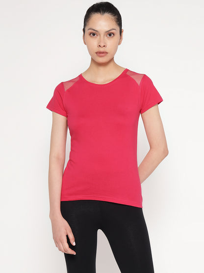 Appulse Women's Short Sleeve Round Neck Shoulder Mesh T-Shirt | Women | Premium Cotton | Activewear | Athleisure