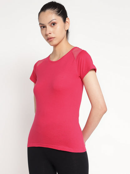 Appulse Women's Short Sleeve Round Neck Shoulder Mesh T-Shirt | Women | Premium Cotton | Activewear | Athleisure