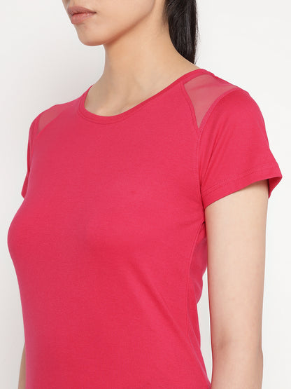 Appulse Women's Short Sleeve Round Neck Shoulder Mesh T-Shirt | Women | Premium Cotton | Activewear | Athleisure