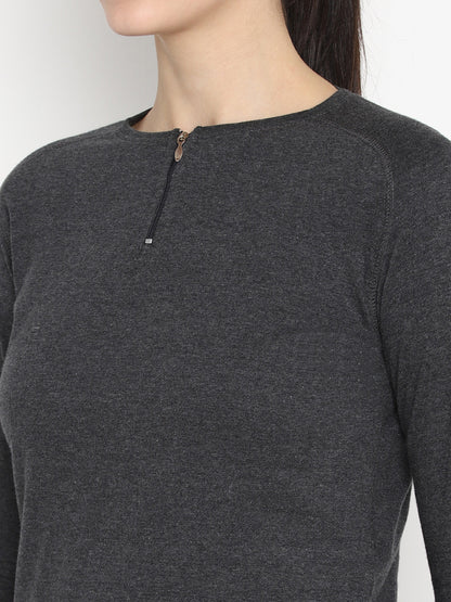 Appulse Women's Round Neck Zipper Long Sleeve T-Shirt | Women | Premium Cotton | Activewear | Athleisure